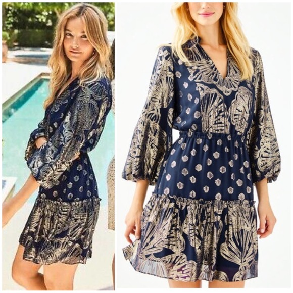 Lilly Pulitzer Dresses & Skirts - Lilly Pulitzer Navy Joella Silk Mini Dress Seagrass Metallic Size 10